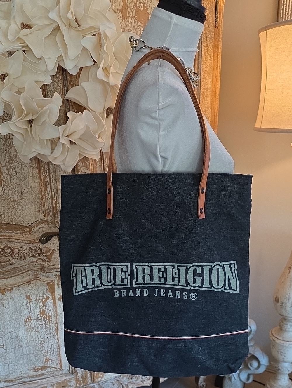 True Religion Black Canvas Tote with Tan Leather Handles